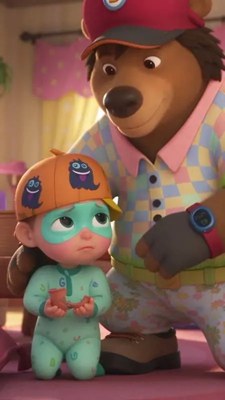 Papa Babloo, a big brown bear in a red cap, hugs Buggu, a toddler in a turquoise mask and orange cap